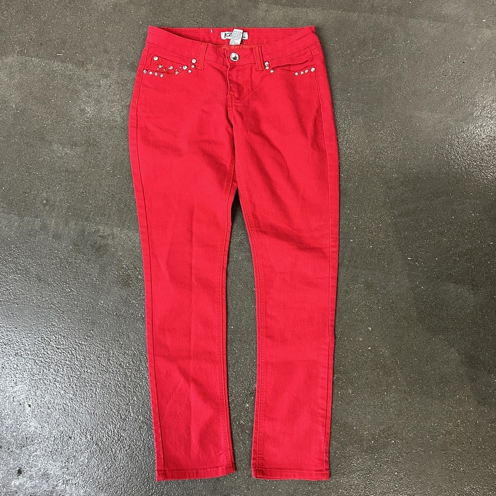 Y2K Klip Jeans Womens 9 Red Mid Rise Skinny Stretch Denim Rhinestone Embellished